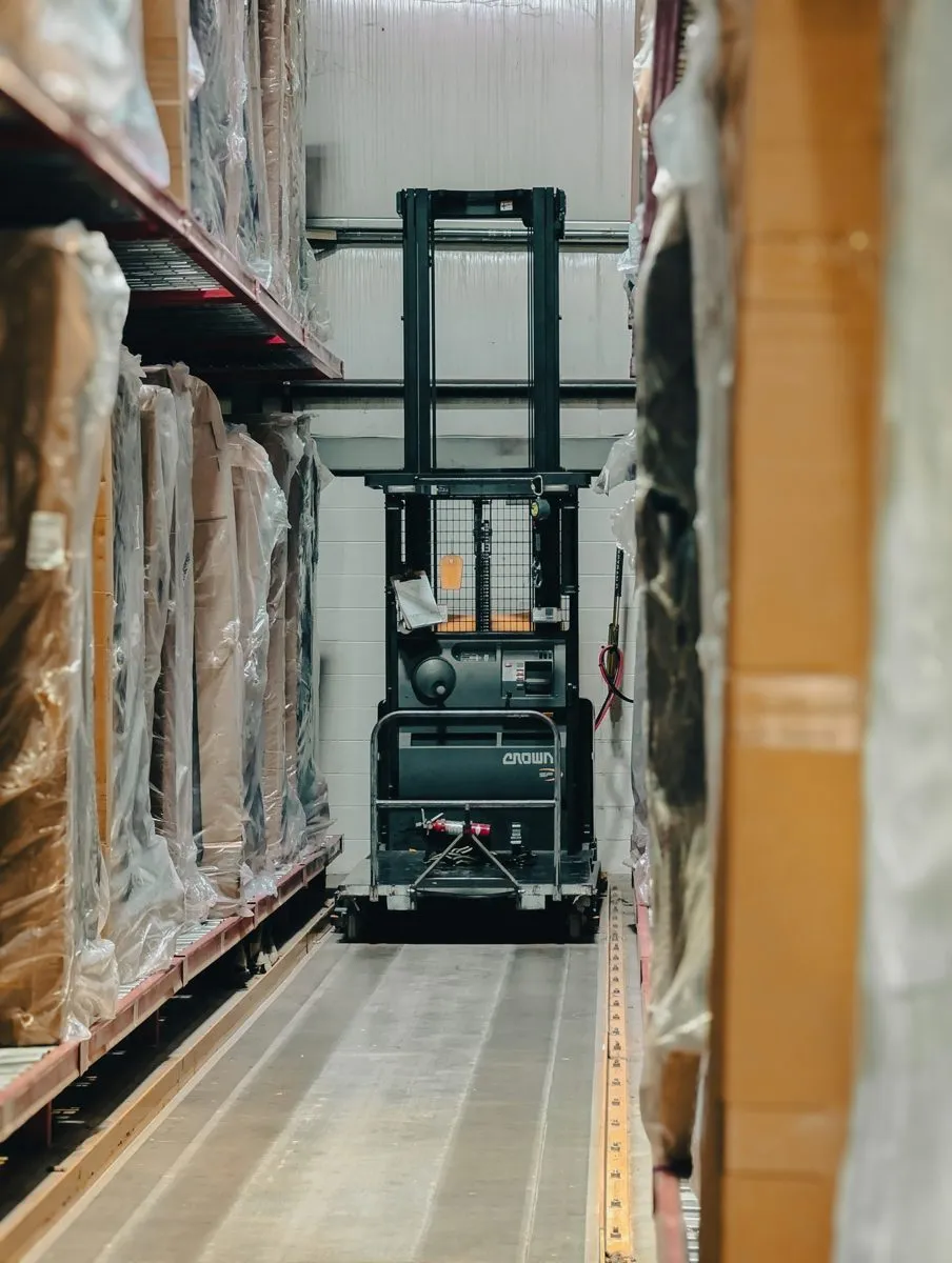 Pallet racks and boxed inventory in a warehouse aisle